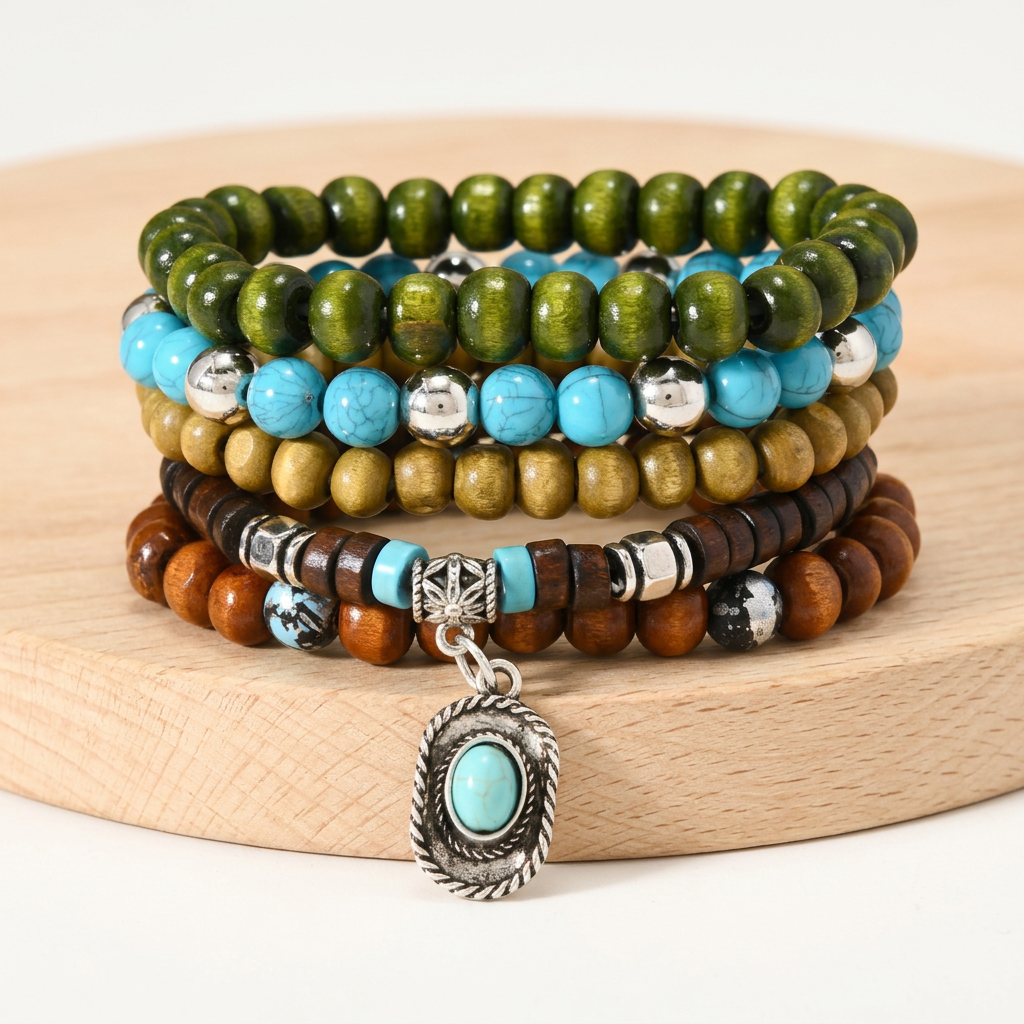 Boho Coconut Bracelet Set, 5-Piece Wood and Turquoise Stretch Stack 3
