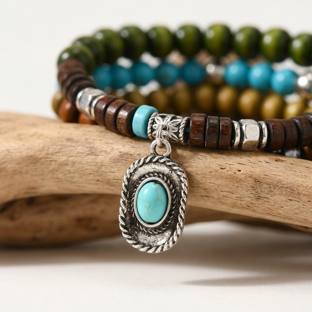 Boho Coconut Bracelet Set, 5-Piece Wood and Turquoise Stretch Stack 4