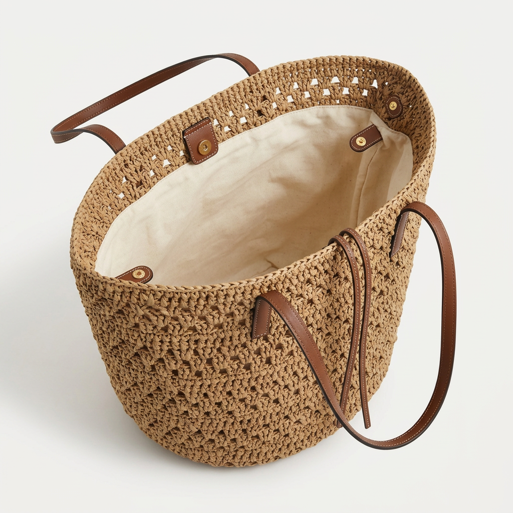 Large Woven Straw Tote Bag, Khaki Crochet, Leather Straps, Market to Beach 4