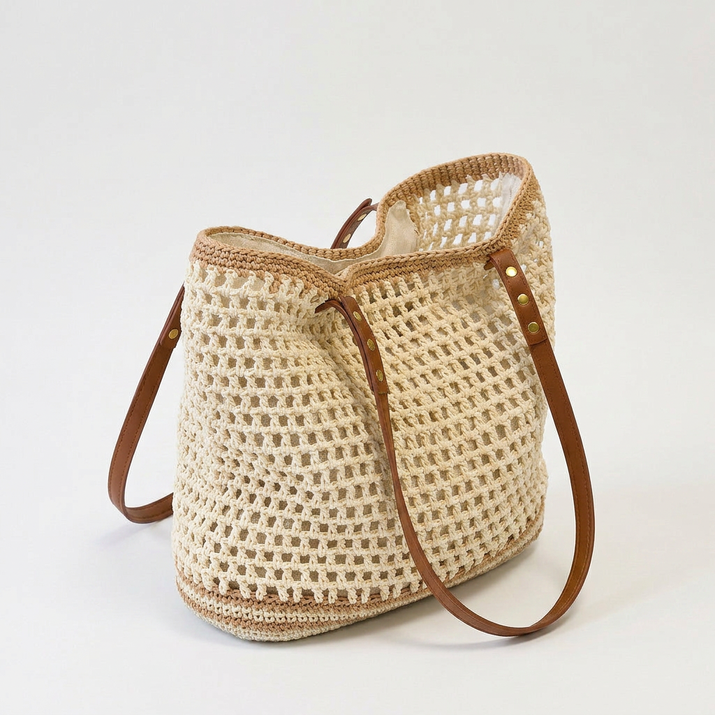 Hand-Woven Cotton Beach Tote Bag, Crochet Weave, Leather Straps 4