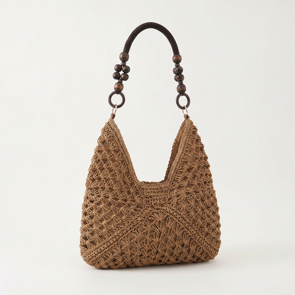 Woven Straw Shoulder Bag, Wood Bead Handle Hobo for Summer Days 4