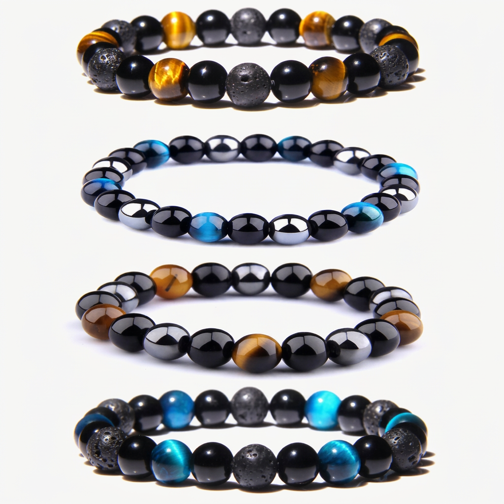 Natural Stone Beaded Bracelet, Tiger Eye Onyx Hematite, Unisex 4
