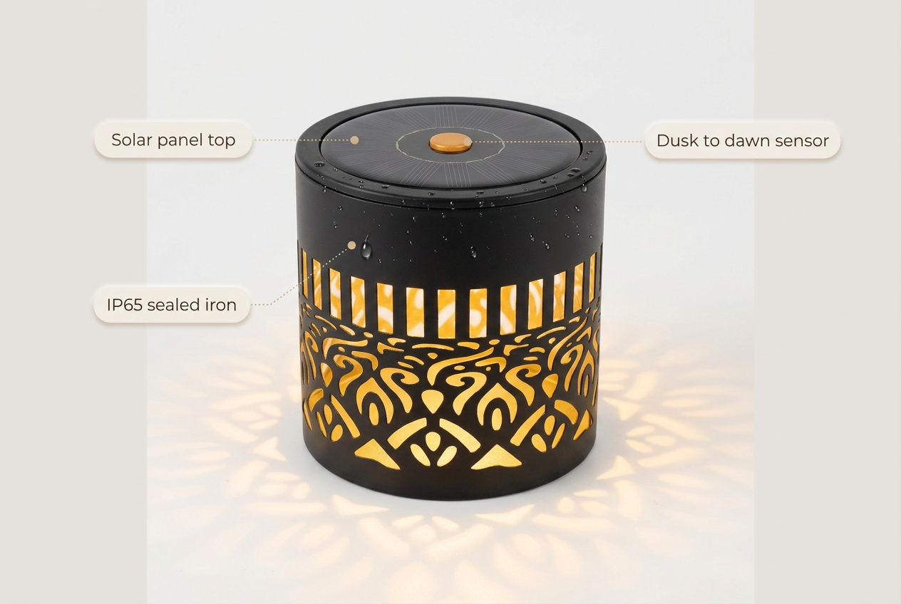 Solar Garden Projection Light, Floral Iron Lantern, IP65 Waterproof - material benefits infographic