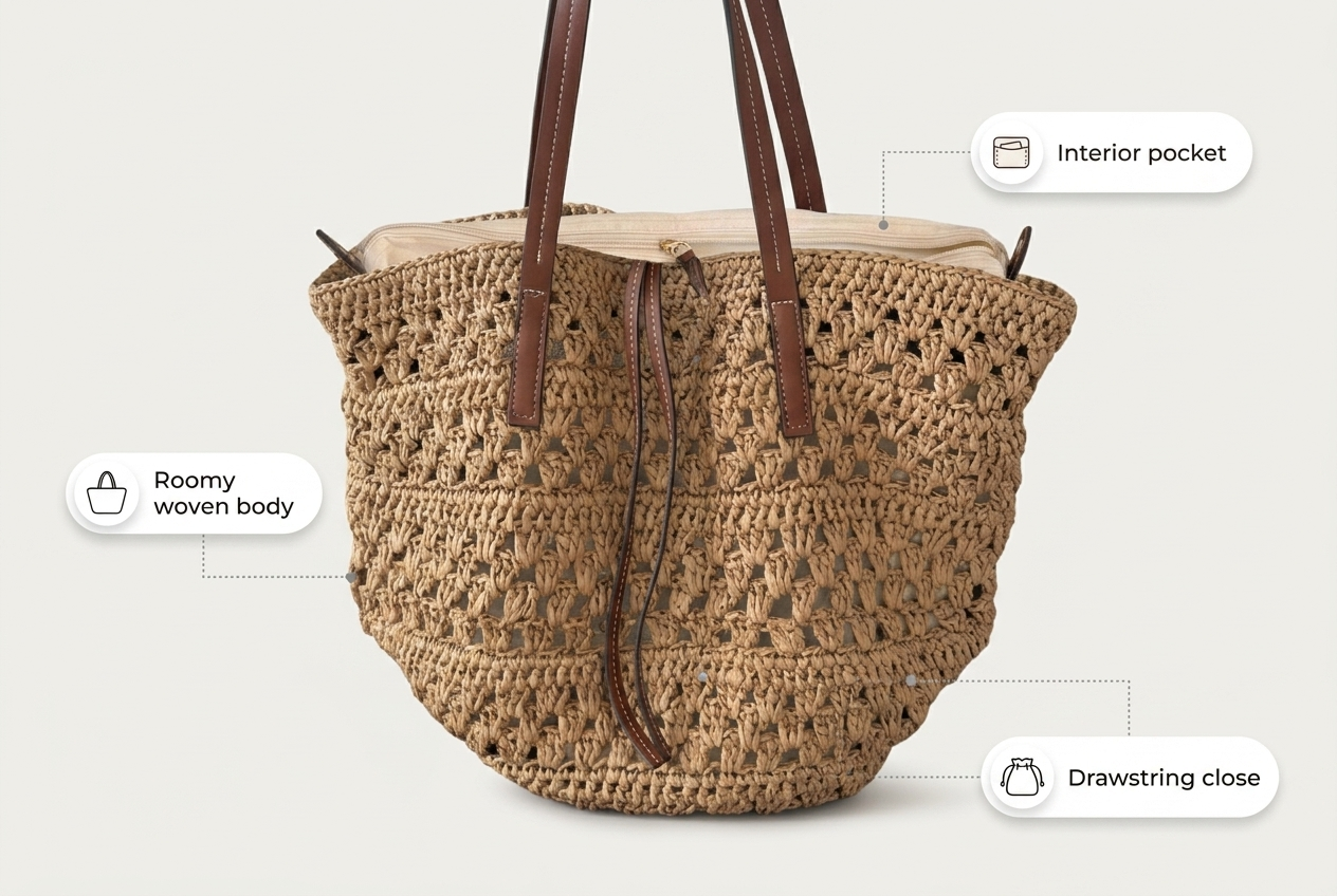 Large Woven Straw Tote Bag, Khaki Crochet, Leather Straps, Market to Beach - image material benefits infographic