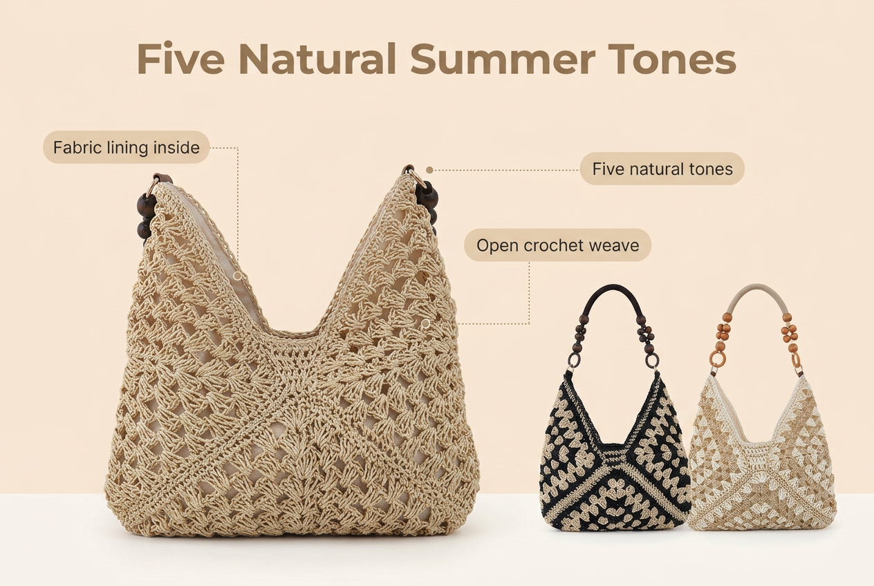 Woven Straw Shoulder Bag, Wood Bead Handle Hobo for Summer Days - material benefits infographic