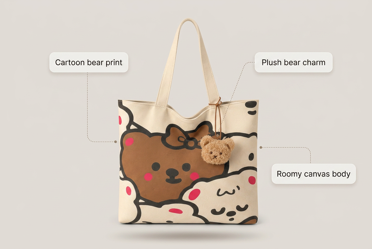Cartoon Bear Canvas Tote, Heavy Cotton Shoulder Bag, Campus and Everyday Carry - image material benefits infographic