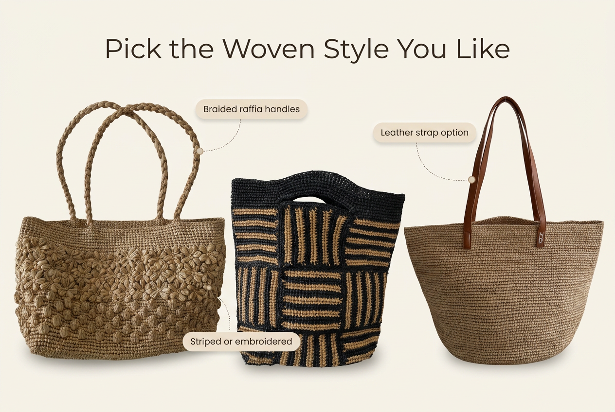 Raffia Hand-Woven Tote Bag, Natural Straw, Beach and Market Carryall - feature breakdown