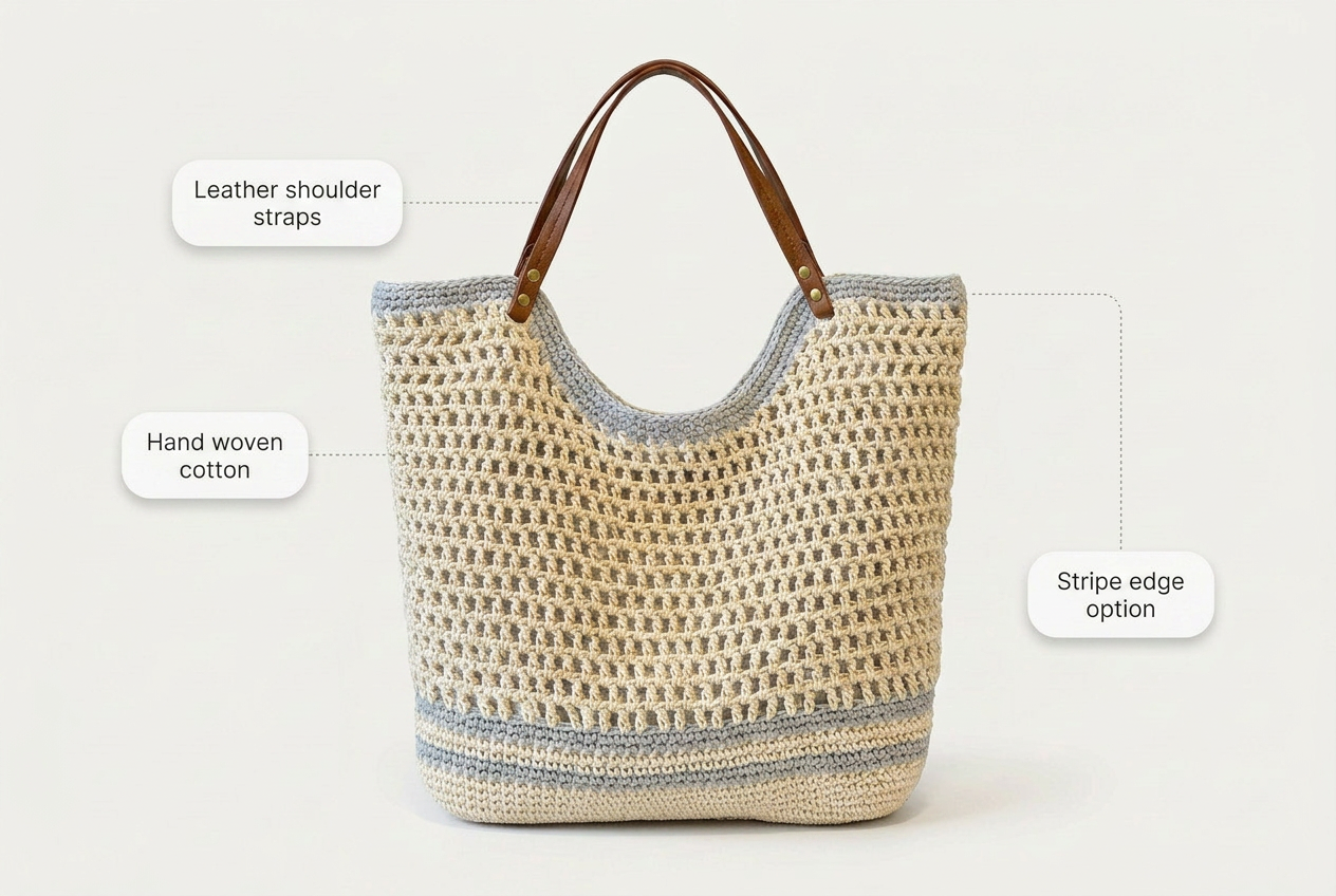 Hand-Woven Cotton Beach Tote Bag, Crochet Weave, Leather Straps - image modular feature breakdown