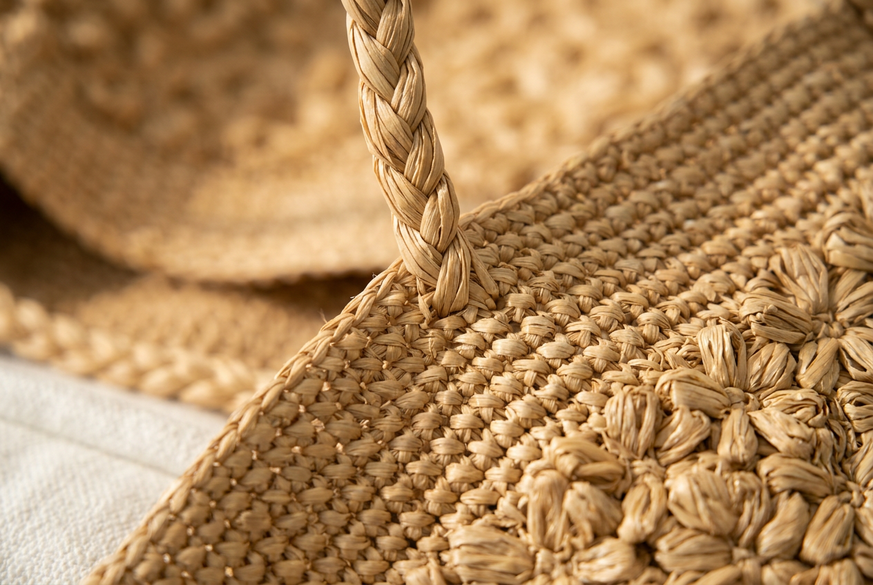 Raffia Hand-Woven Tote Bag, Natural Straw, Beach and Market Carryall - close-up detail