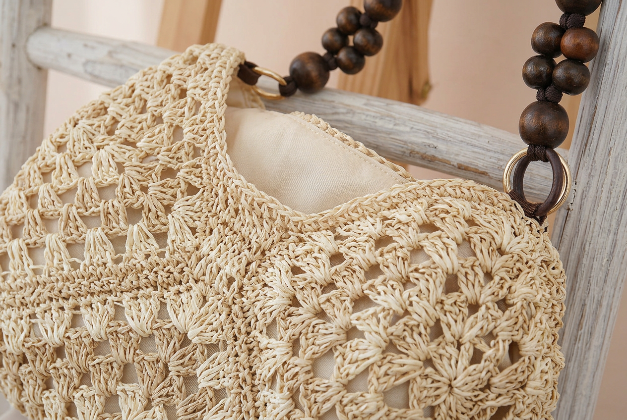 Woven Straw Shoulder Bag, Wood Bead Handle Hobo for Summer Days - close-up detail