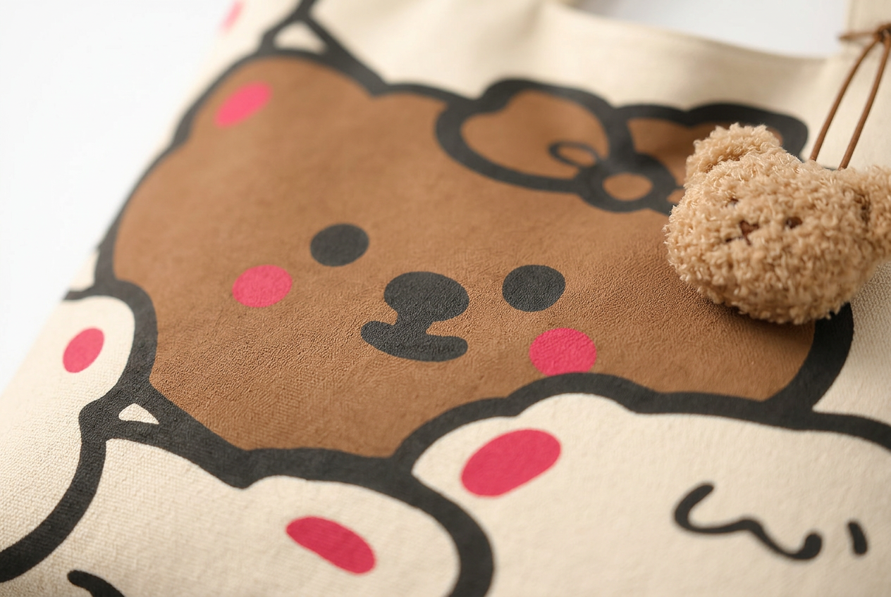 Cartoon Bear Canvas Tote, Heavy Cotton Shoulder Bag, Campus and Everyday Carry - image functional close up detail