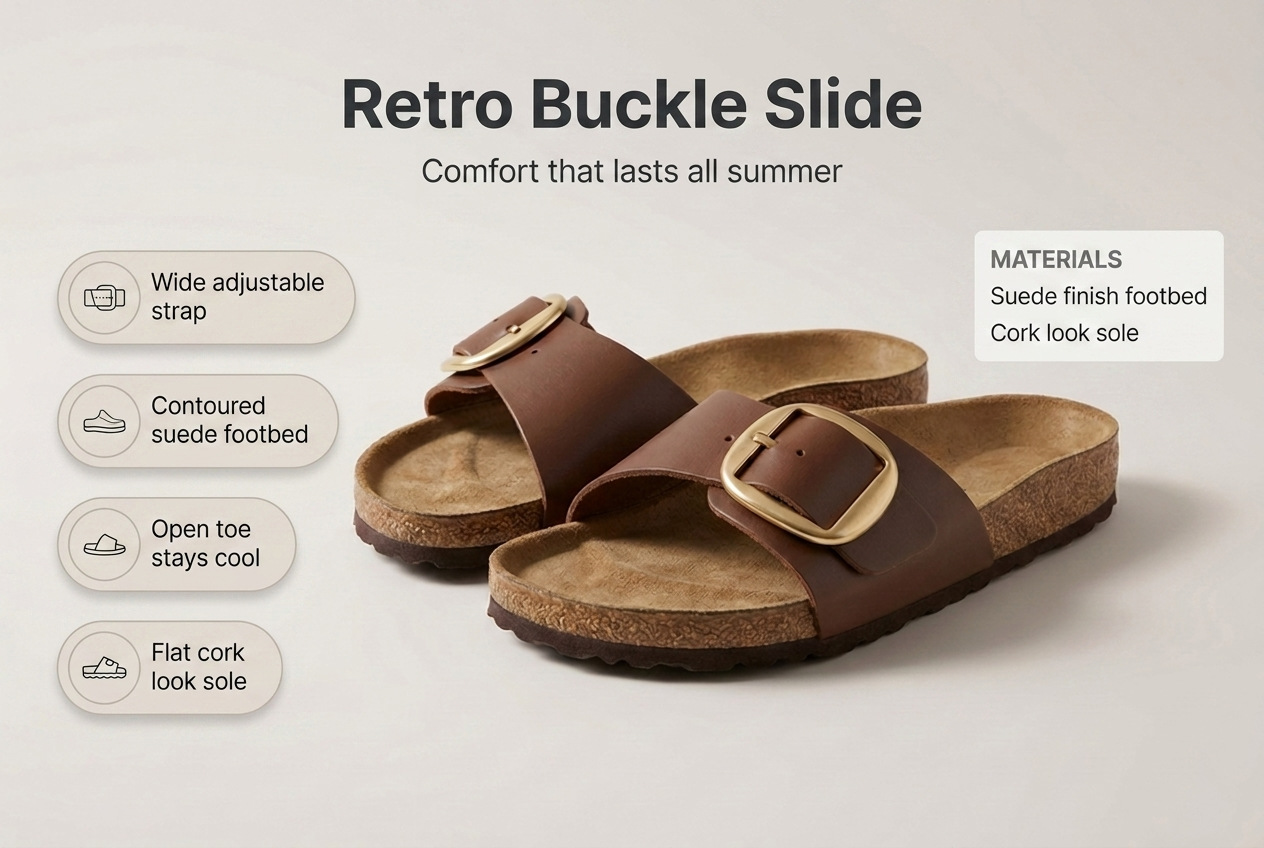 women-retro-flat-sandals-with-gold-buckle material benefits infographic
