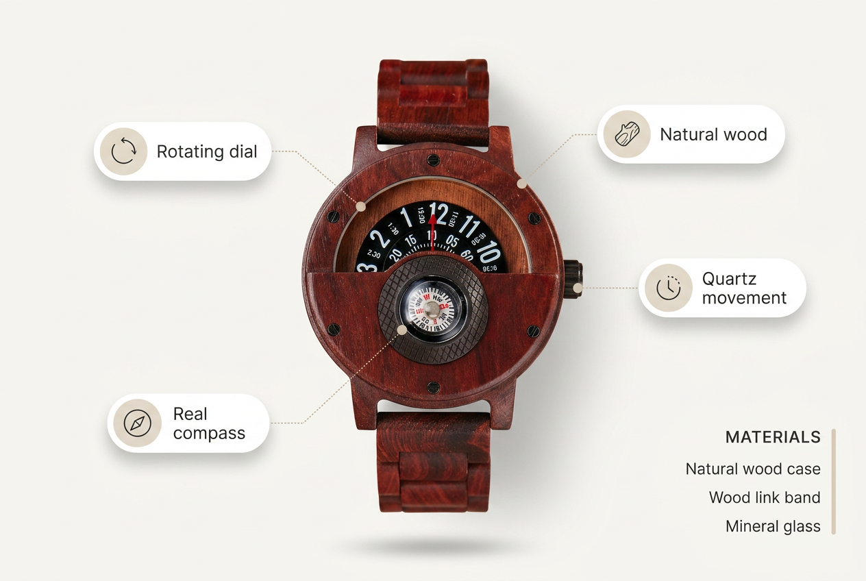 multifunction-compass-wooden-watch material benefits infographic