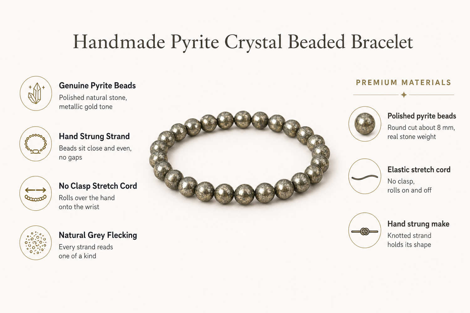 handmade-pyrite-crystal-beaded-bracelet material benefits infographic