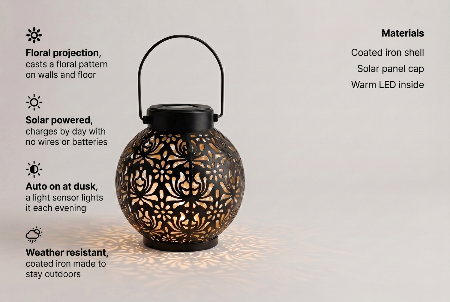 solar-garden-projection-lantern-iron-outdoor-light-patio-balcony material benefits infographic