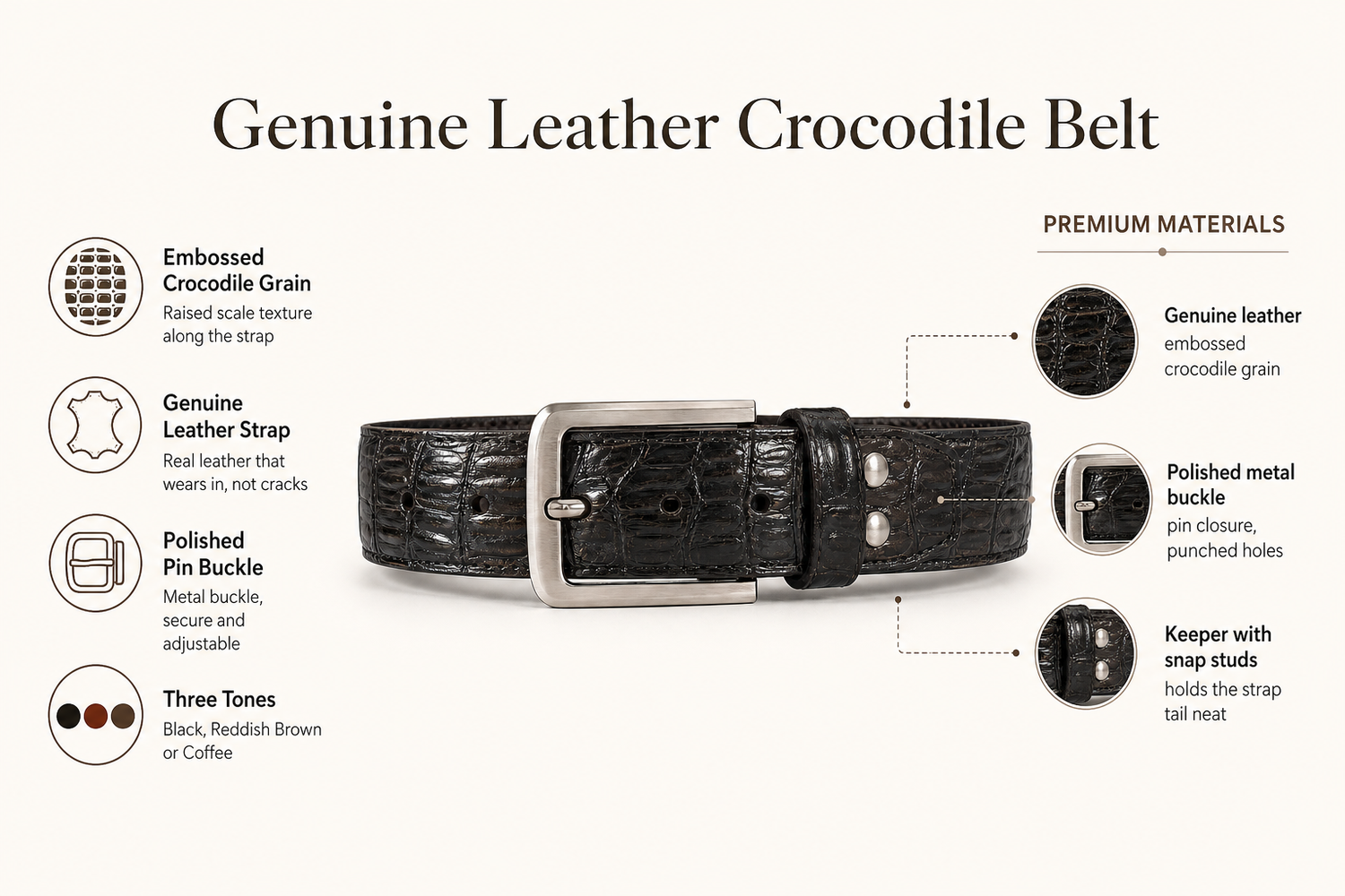 genuine-leather-crocodile-pattern-belt material benefits infographic