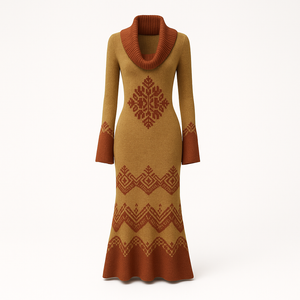 Wool blend jacquard knit dress worn on a cold morning in city light