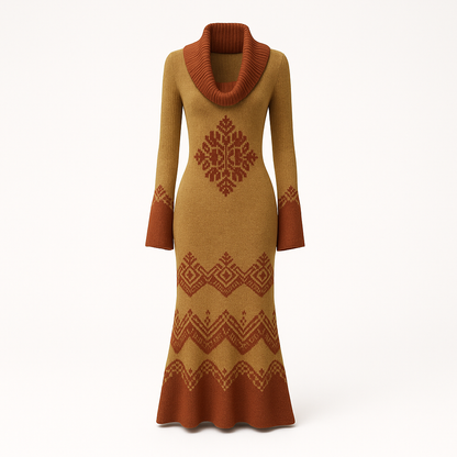 Wool blend jacquard knit dress worn on a cold morning in city light