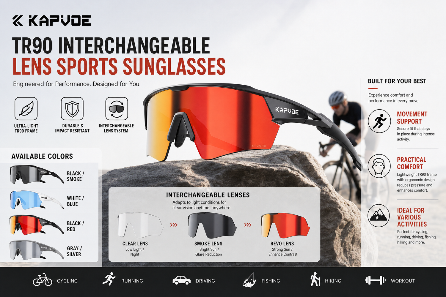 kapvoe tr90 interchangeable lens sports sunglasses for workout outdoor plan active daily routine with movement support p 5