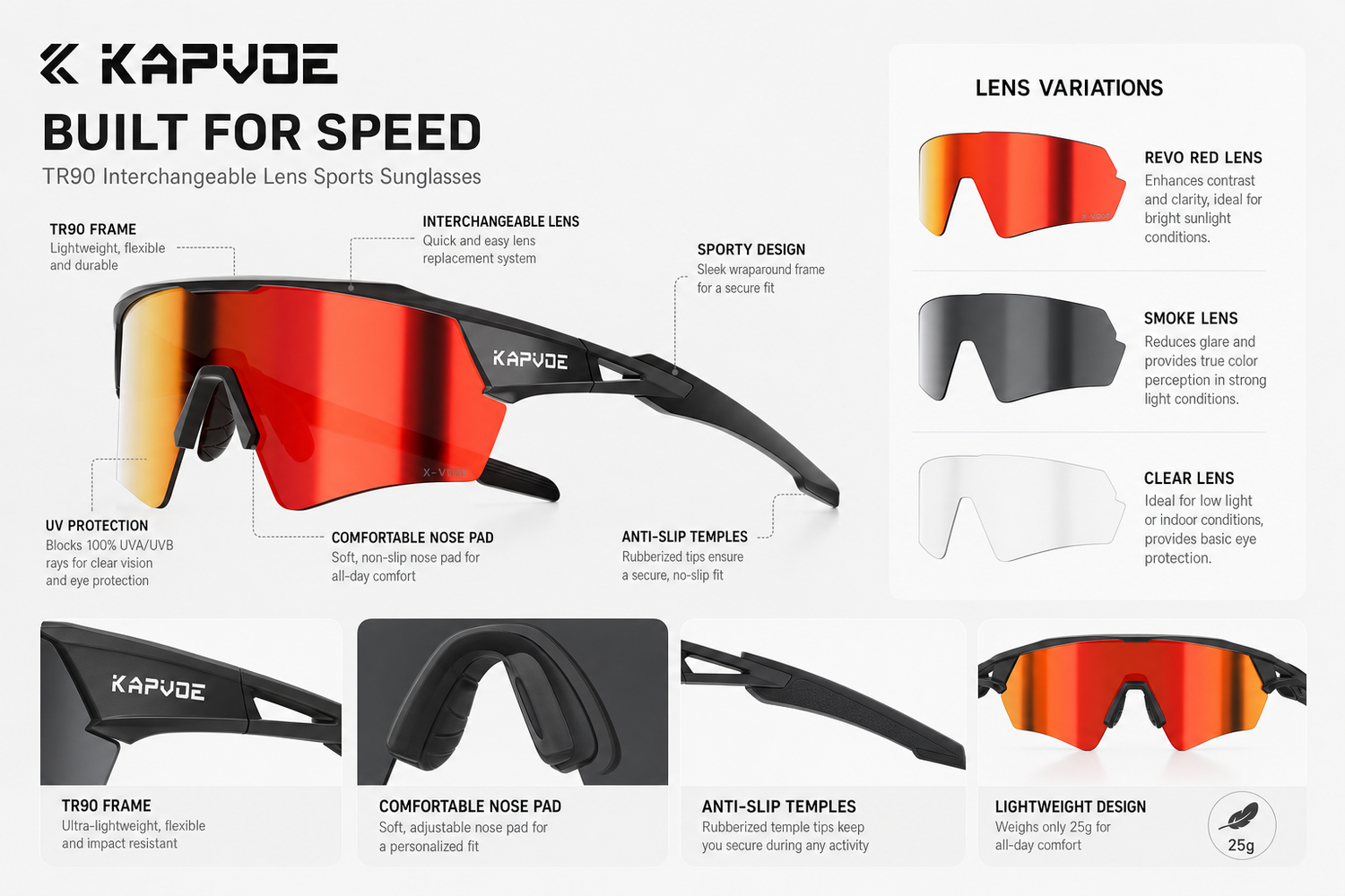 kapvoe tr90 interchangeable lens sports sunglasses for workout outdoor plan active daily routine with movement support p 6