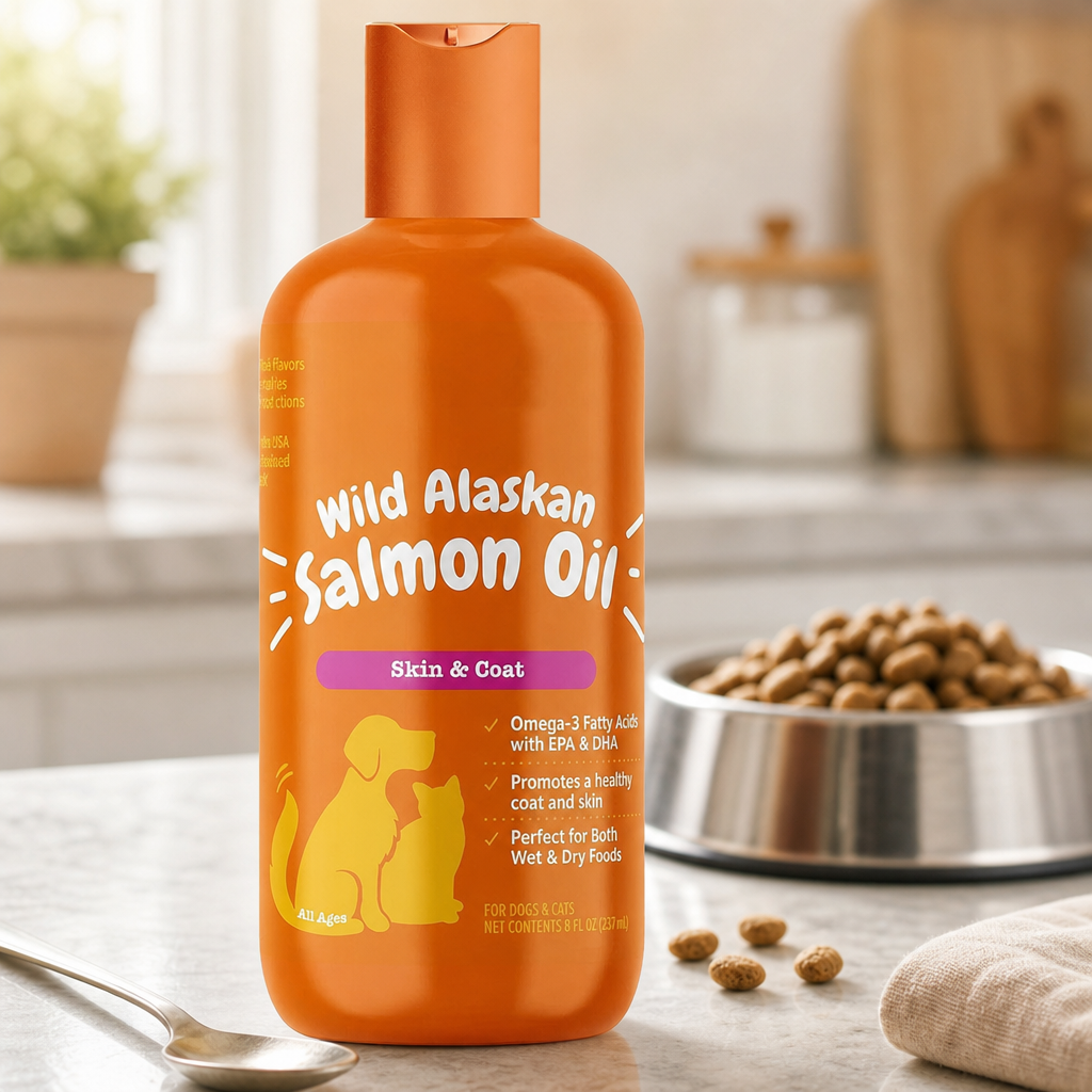 Salmon oil bottle beside a bowl of kibble and a teaspoon on a counter