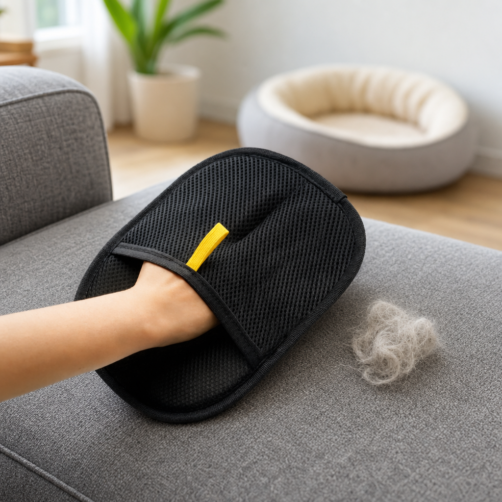 Fur removal mitt on a couch cushion next to a gathered roll of pet hair