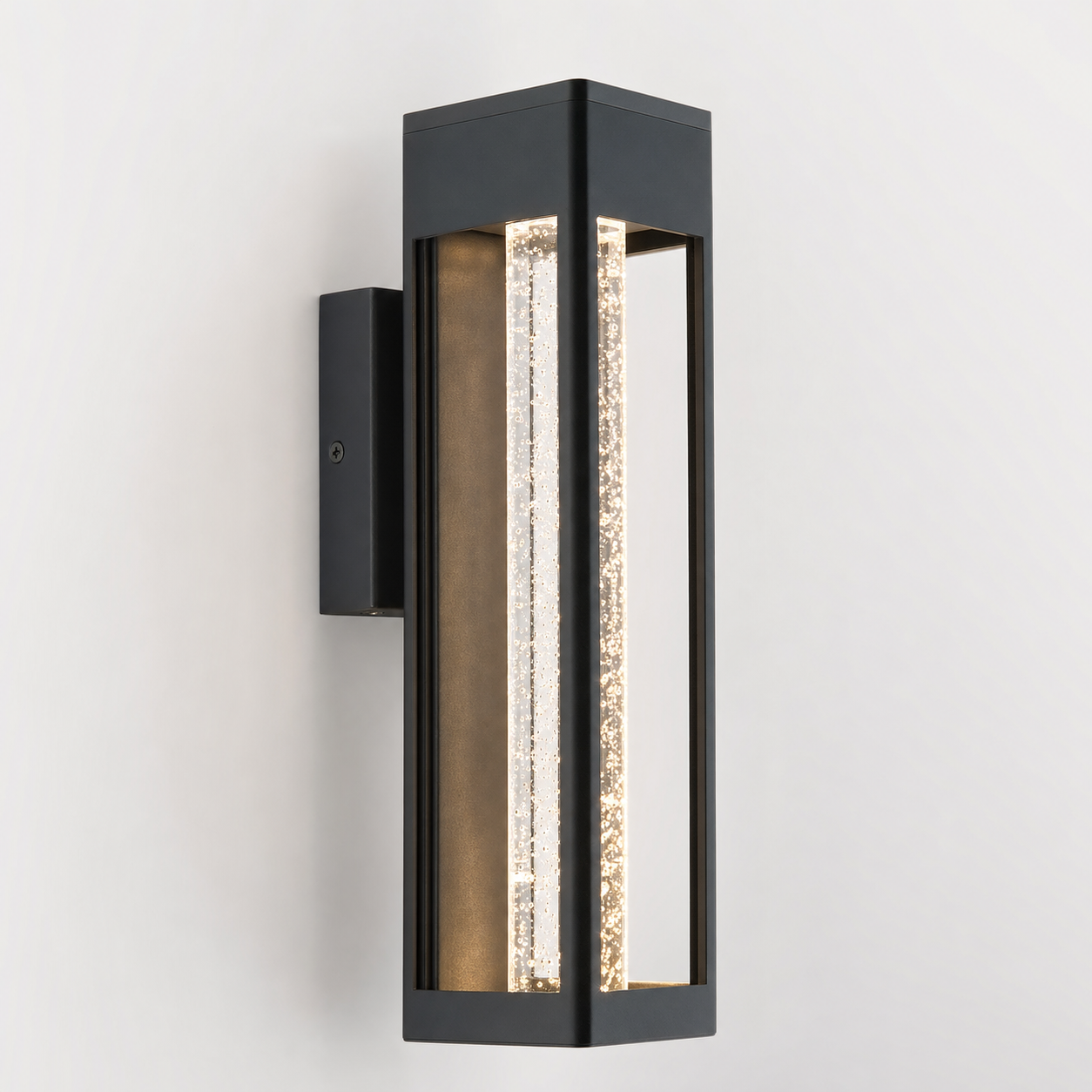 Front view of the anthracite LED wall sconce with seeded acrylic crystal column