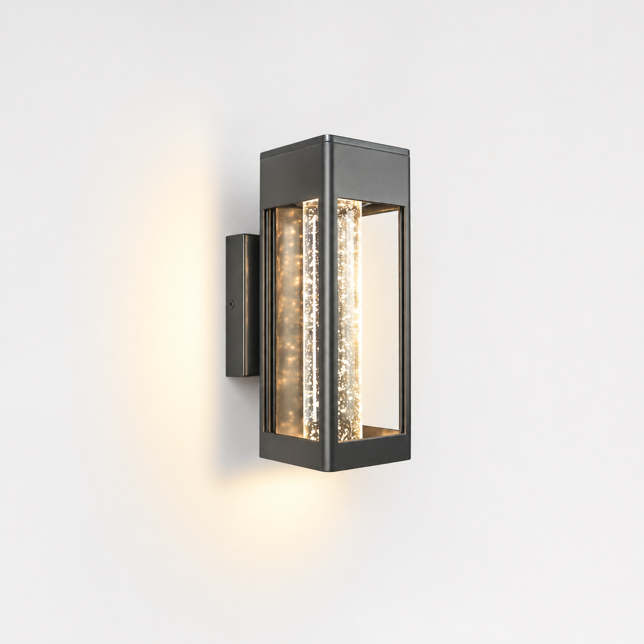 Close-up of the lit seeded acrylic crystal rod inside the wall sconce frame