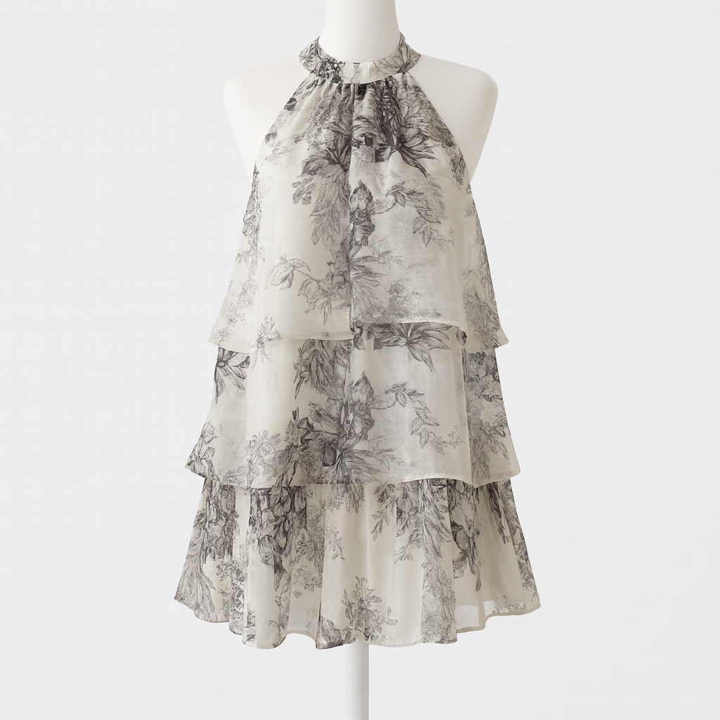 Side angle of the halter mini dress showing the open shoulders and tie neckline