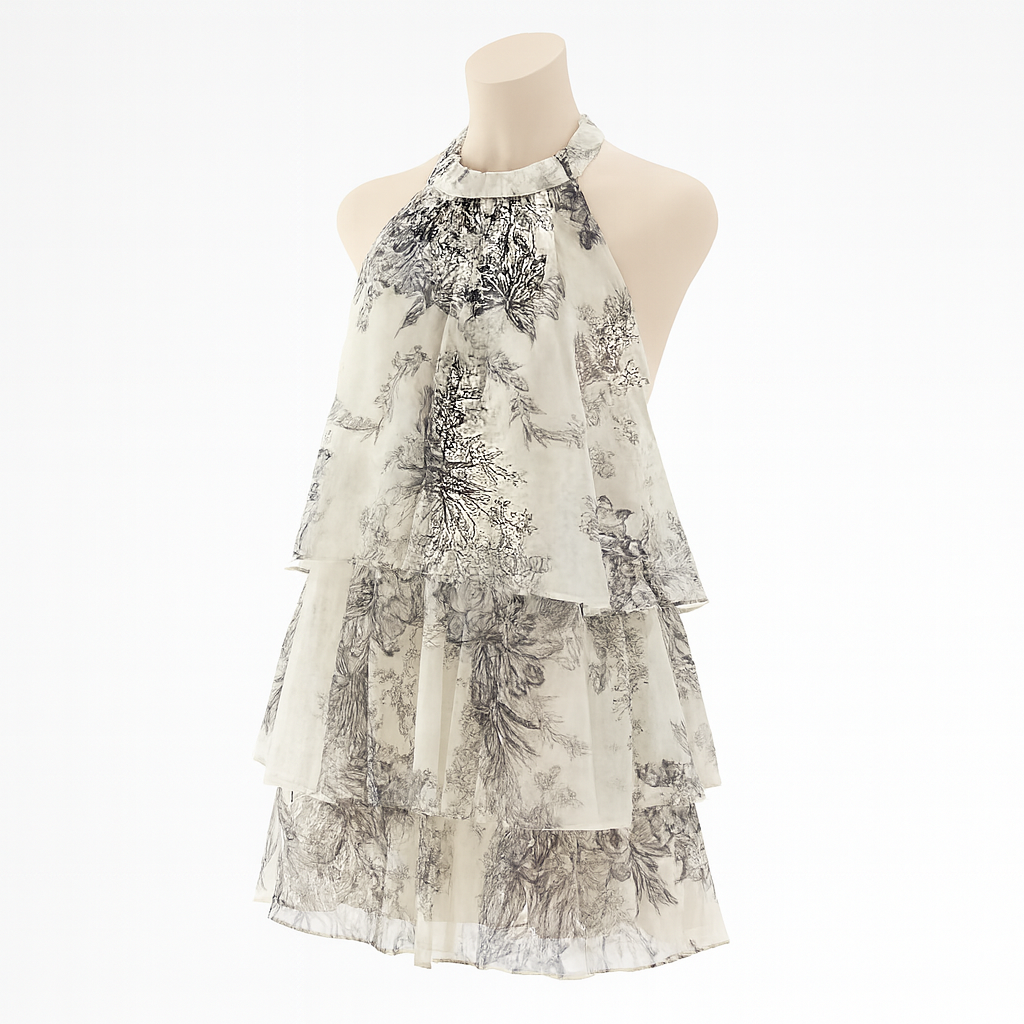 Floral tiered halter mini dress worn in a warm-weather lifestyle setting