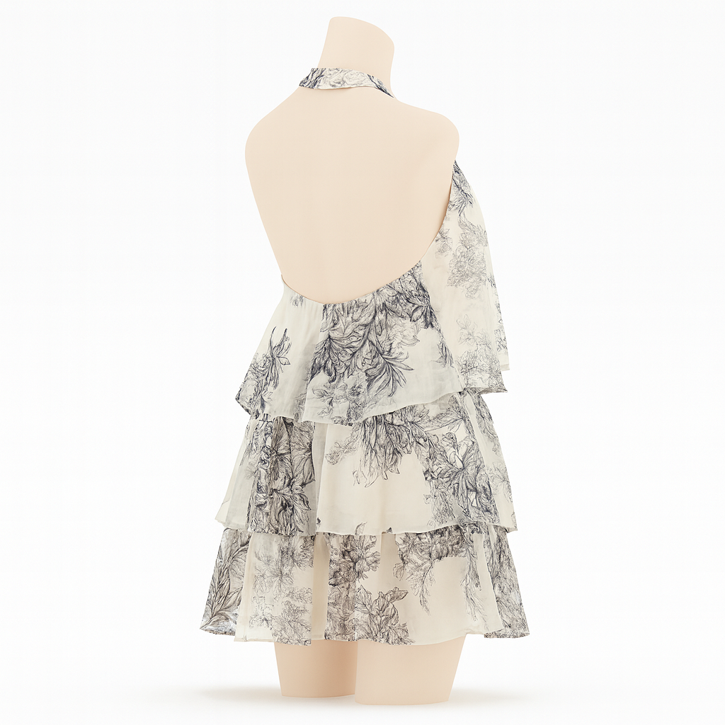 Close-up of the floral print and tiered ruffle detail on the skirt