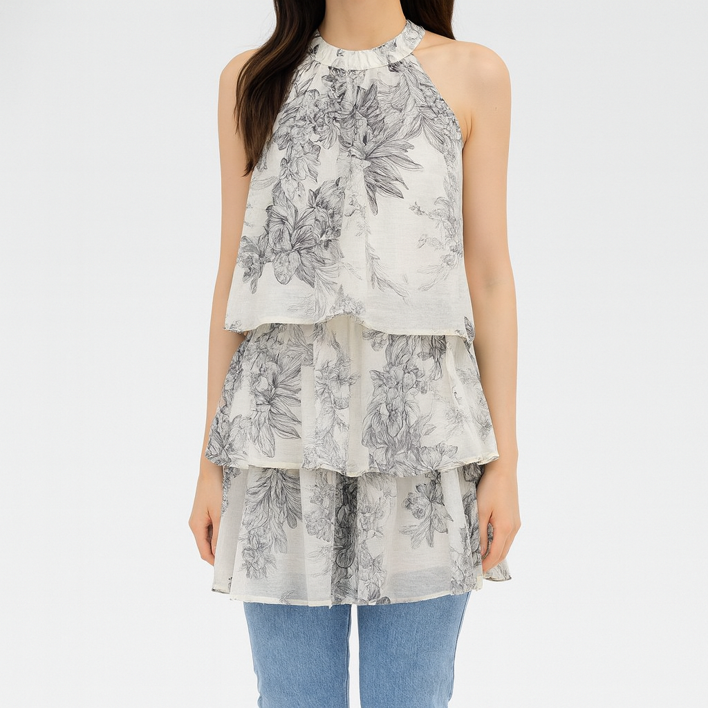 Front view of the ink wash floral halter mini dress with tiered ruffle skirt