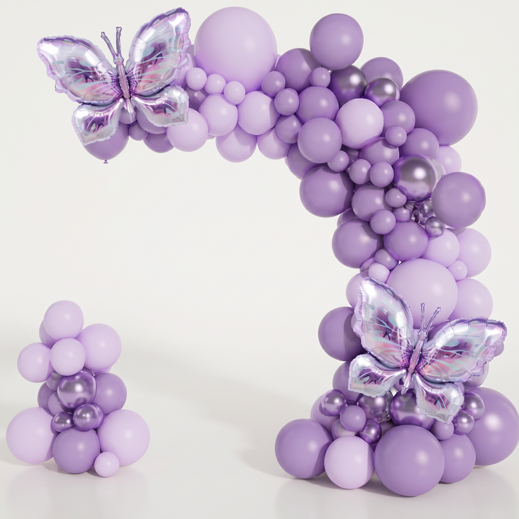 Butterfly balloon garland draped along party wall