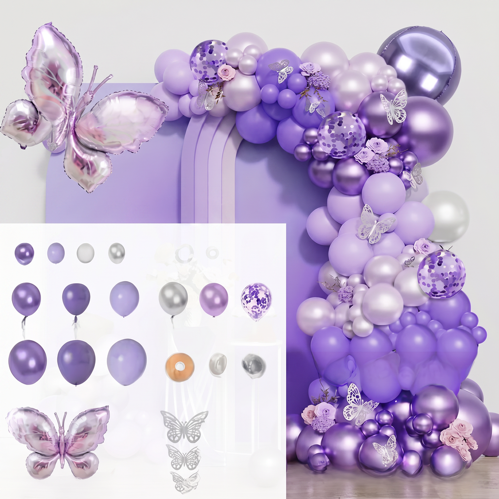 Mixed size pastel balloons with butterfly accents