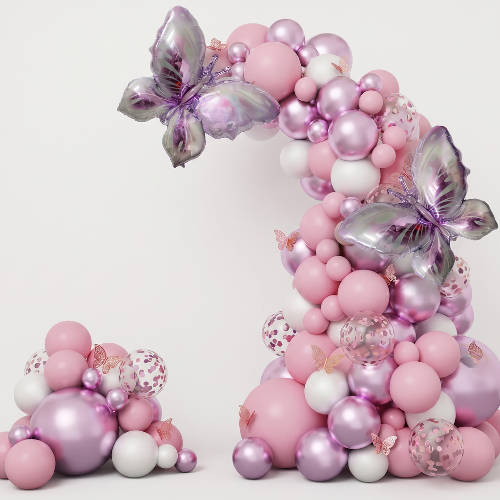 Birthday photo backdrop with butterfly balloon chain
