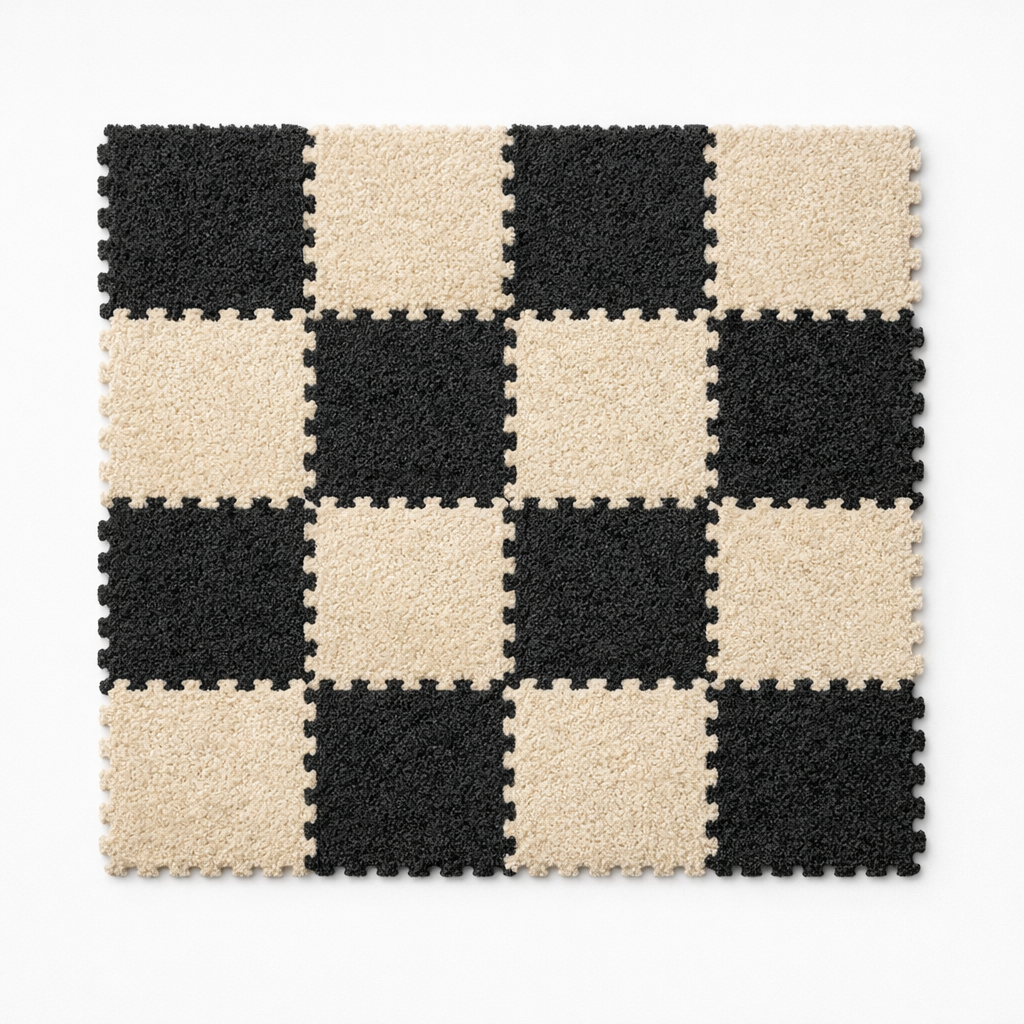 Side view of a modular rug tile showing the plush pile height