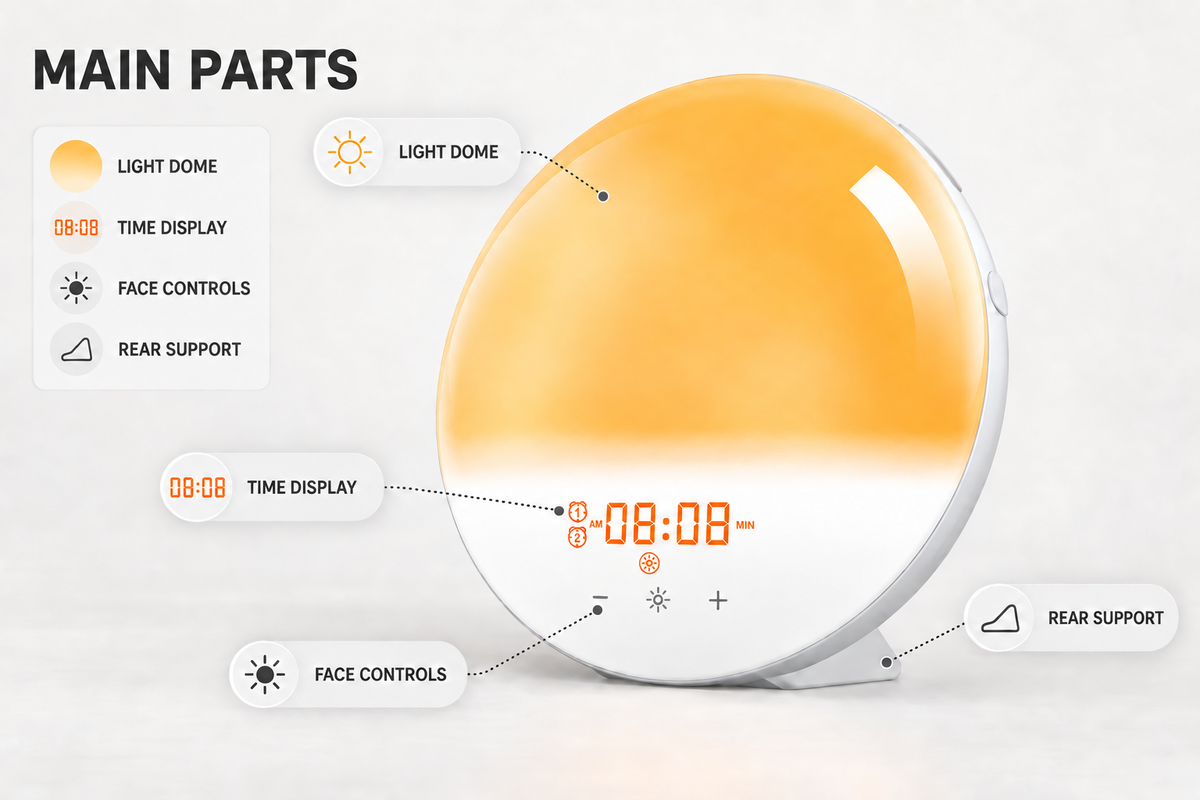 Main parts breakdown of the light dome, display, controls and rear support