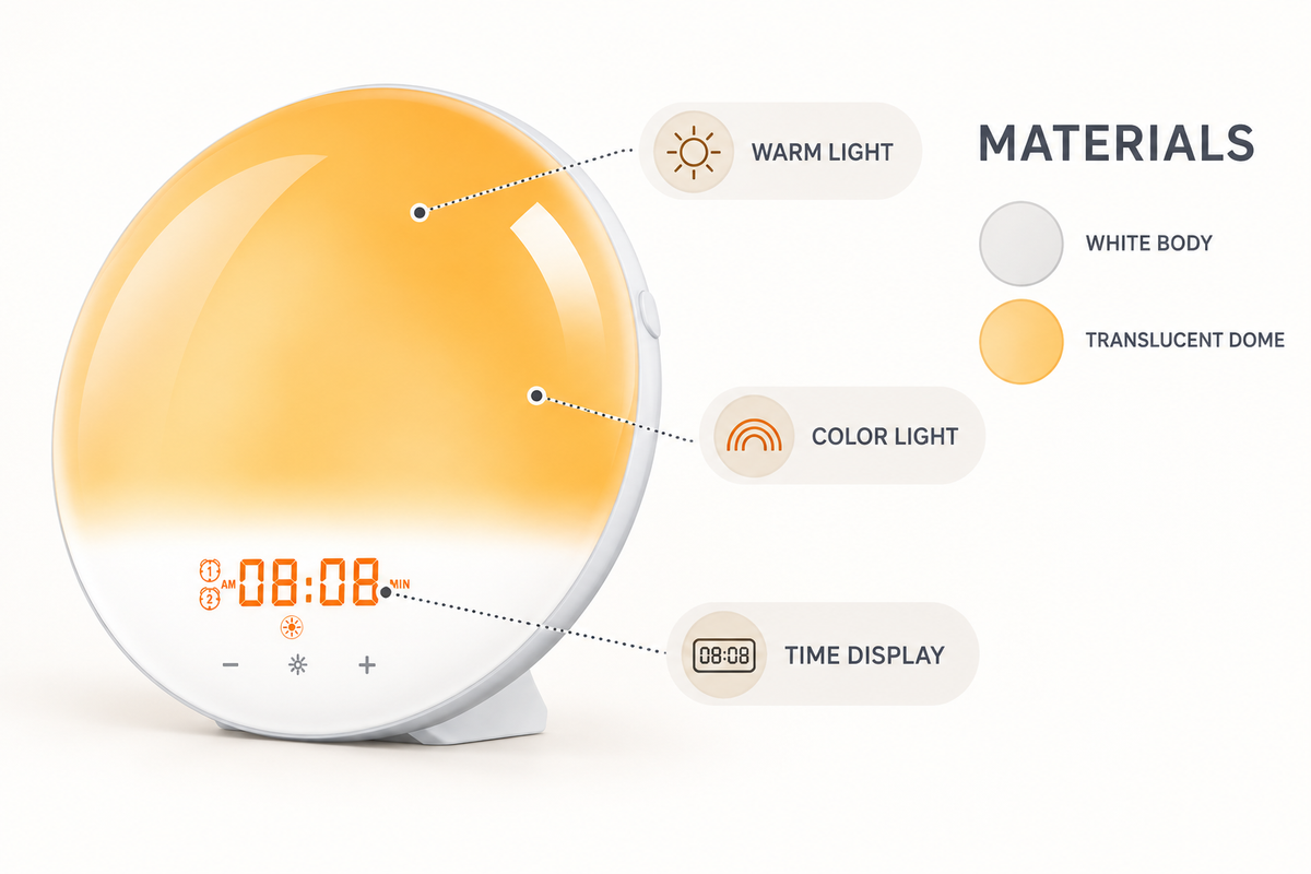 Materials and visible light features of the sunrise alarm clock