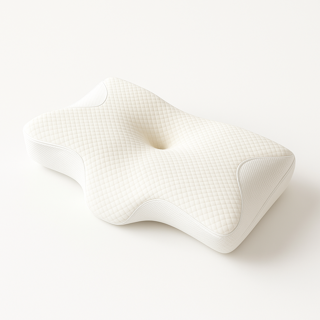 Side angle of the memory foam pillow showing its profile and neck ridge
