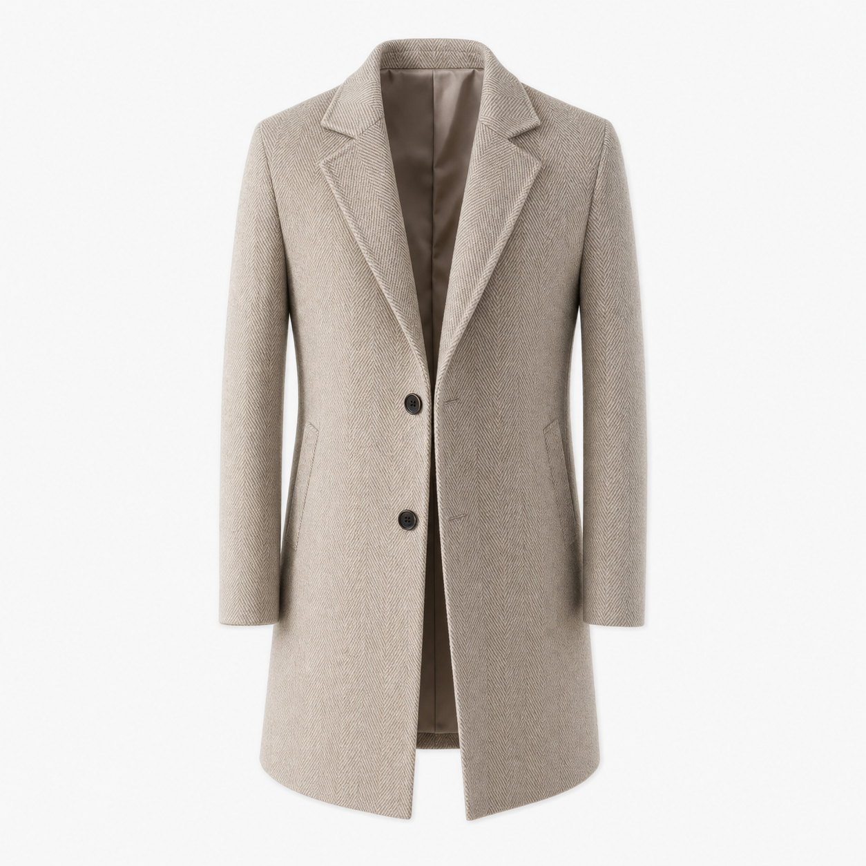 Men's herringbone wool blend overcoat front view, single-breasted two-button front