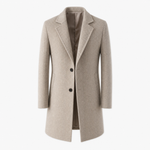 Men's herringbone wool blend overcoat front view, single-breasted two-button front