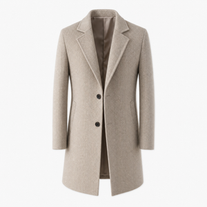 Men's herringbone wool blend overcoat front view, single-breasted two-button front