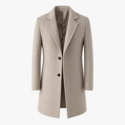 Men's herringbone wool blend overcoat front view, single-breasted two-button front