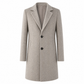 Men's herringbone wool blend overcoat worn open over knitwear