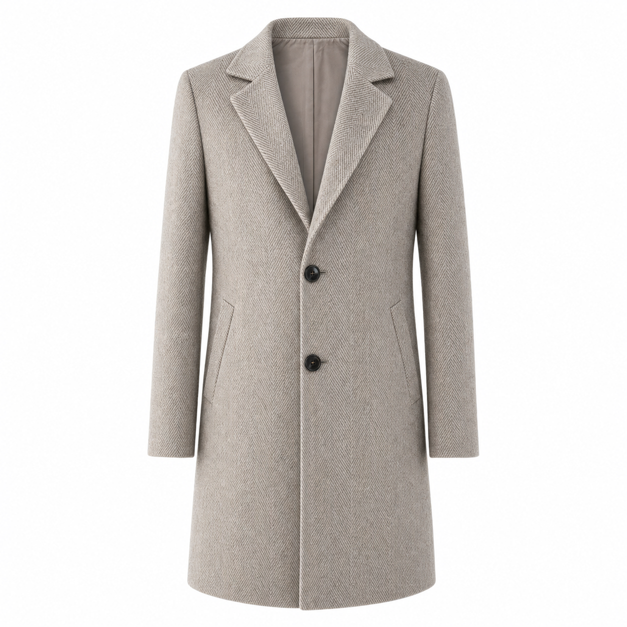 Men's herringbone wool blend overcoat worn open over knitwear