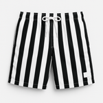 Men's striped swim trunks worn poolside, lifestyle context