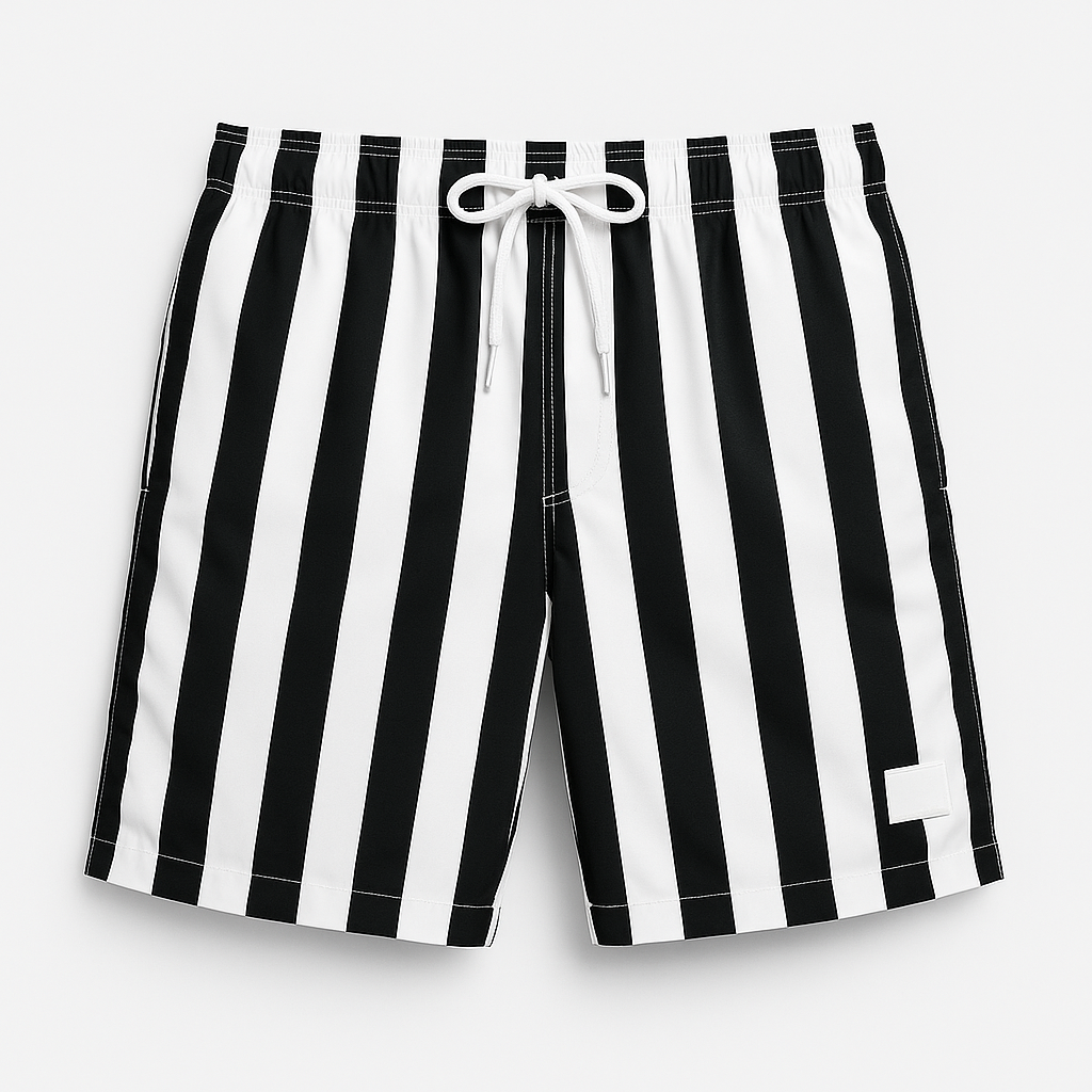 Men's striped swim trunks worn poolside, lifestyle context