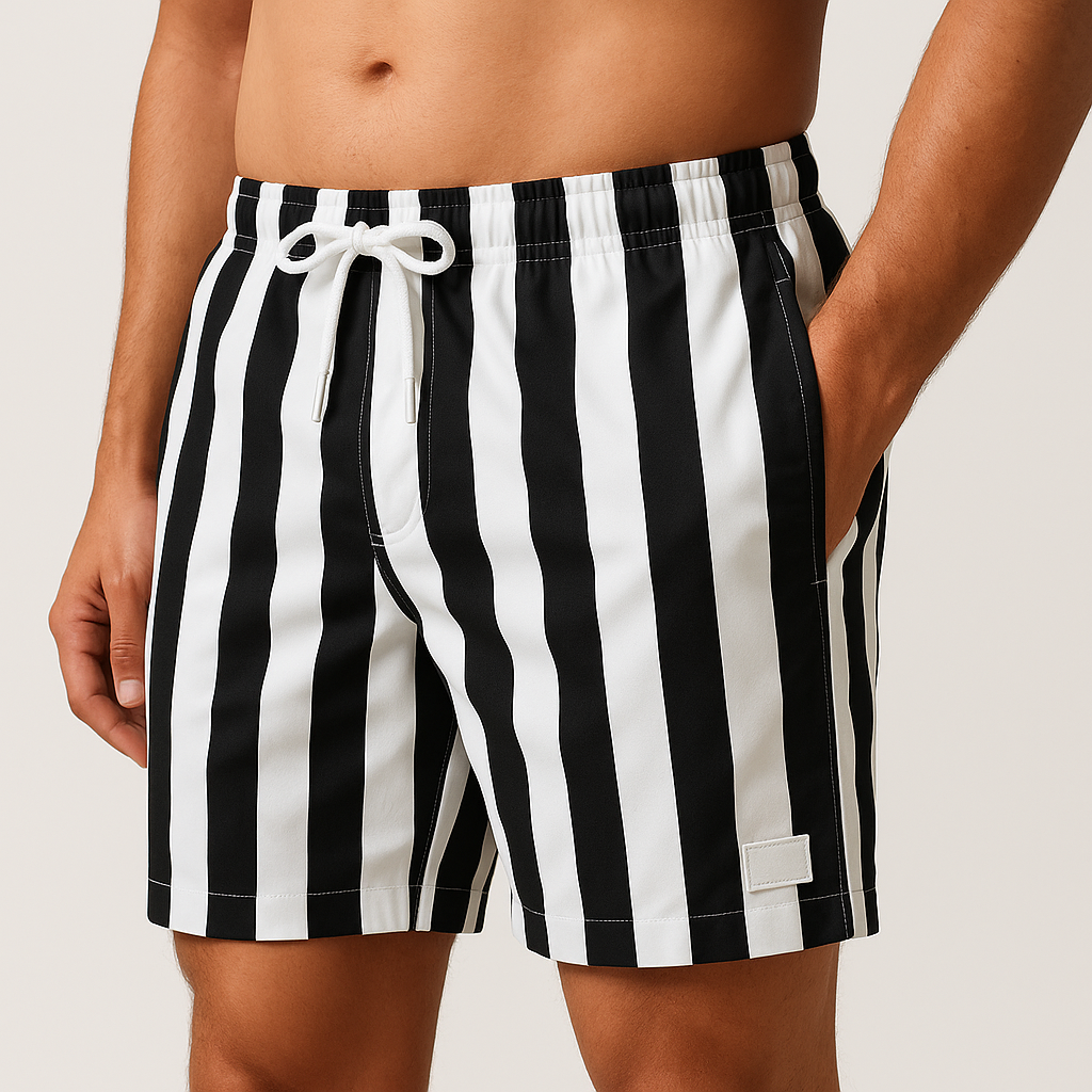 Men's striped swim trunks front view with drawstring waist