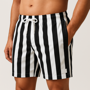 Men's striped swim trunks front view with drawstring waist