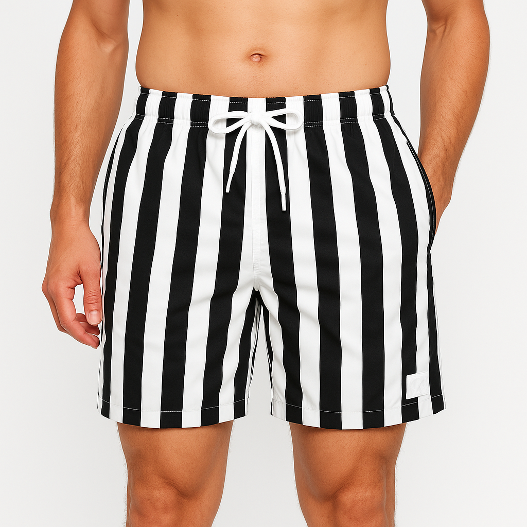 Close up of striped swim trunks fabric and drawstring detail